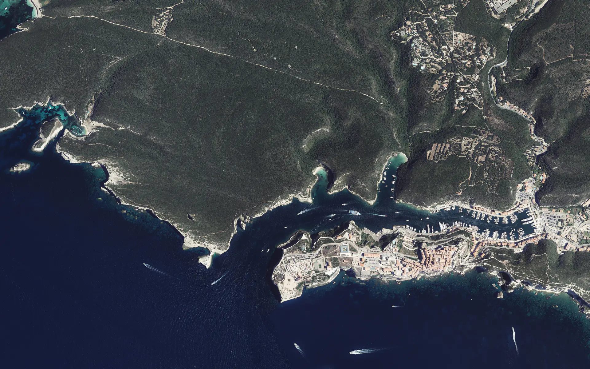 Vue aérienne verticale de Bonifacio : la vieille ville sur sa falaise, le port et la mer
